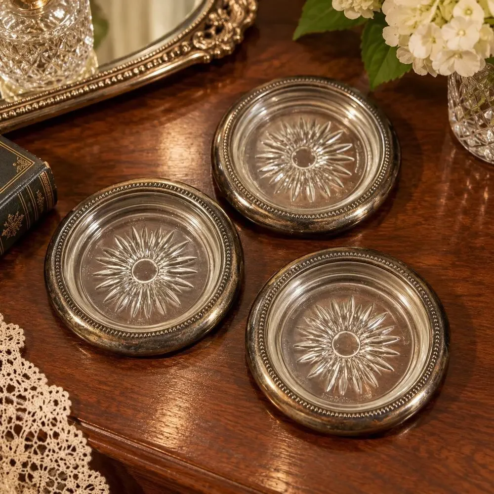 Vintage Silver and Crystal Starburst Made In Italy Stacking Coaster Set